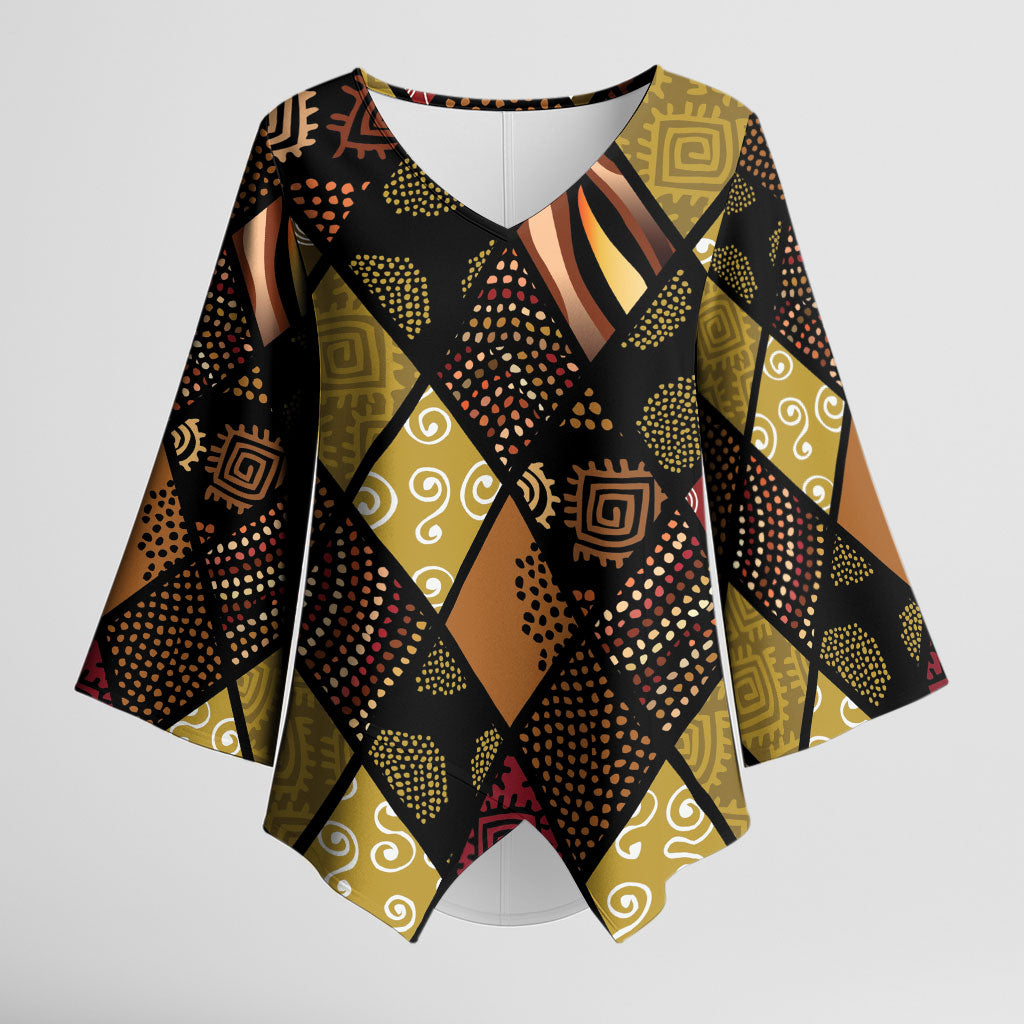 African American Quilt Inspired Kimono Sleeve Blouse Ethnic Bohemian Rhombus Patchwork