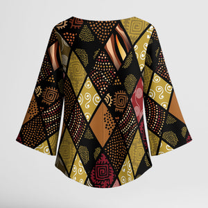 African American Quilt Inspired Kimono Sleeve Blouse Ethnic Bohemian Rhombus Patchwork