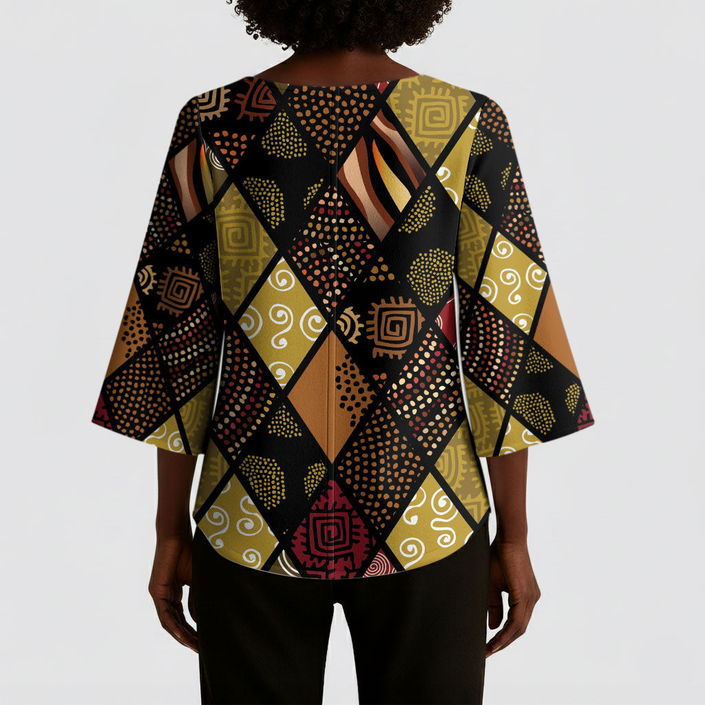 African American Quilt Inspired Kimono Sleeve Blouse Ethnic Bohemian Rhombus Patchwork