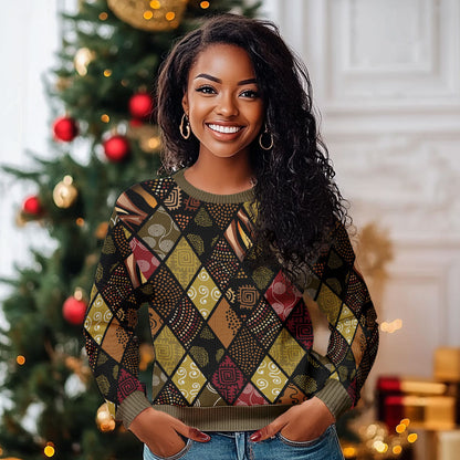 African American Quilt Inspired Ugly Christmas Sweater Ethnic Bohemian Rhombus Patchwork