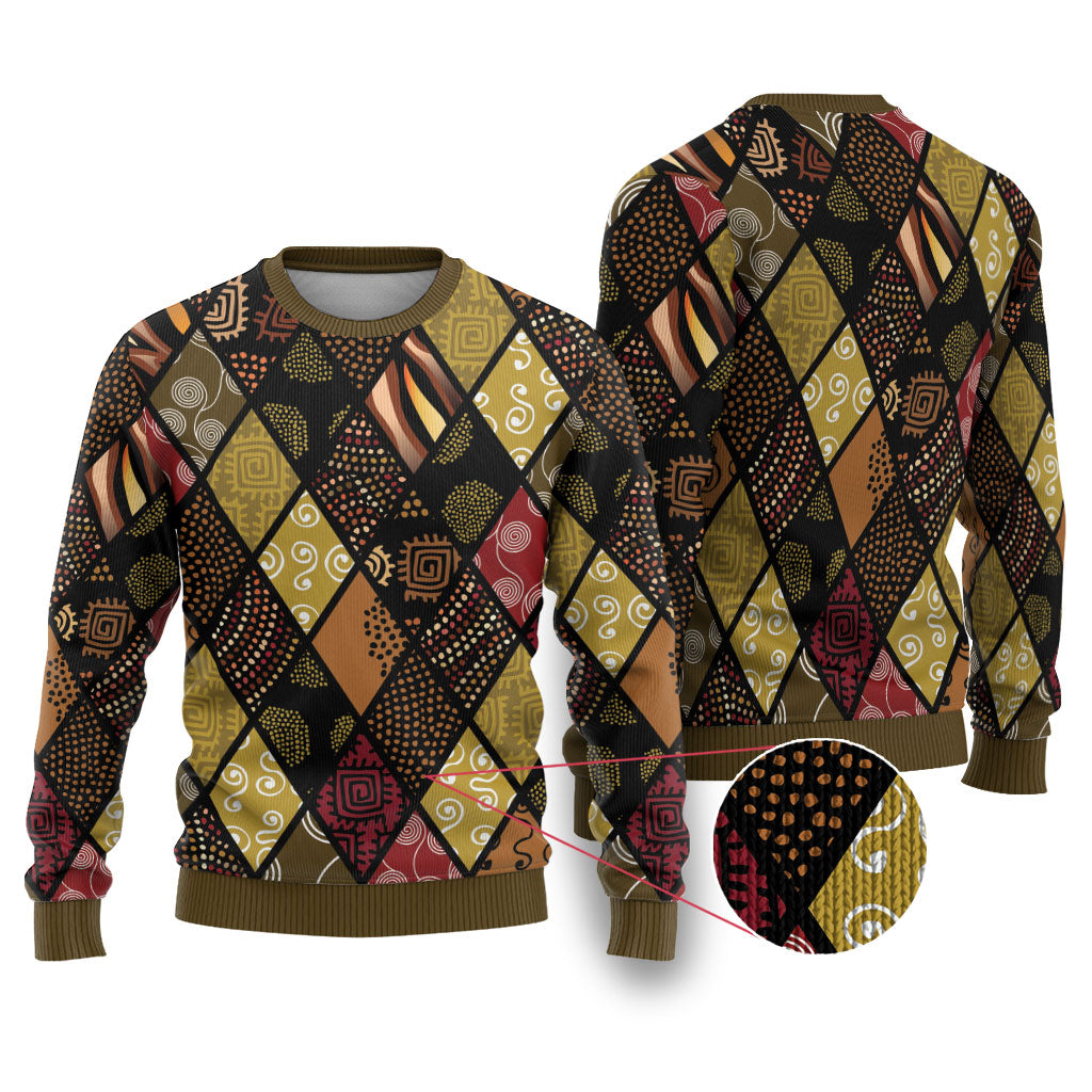 African American Quilt Inspired Ugly Christmas Sweater Ethnic Bohemian Rhombus Patchwork
