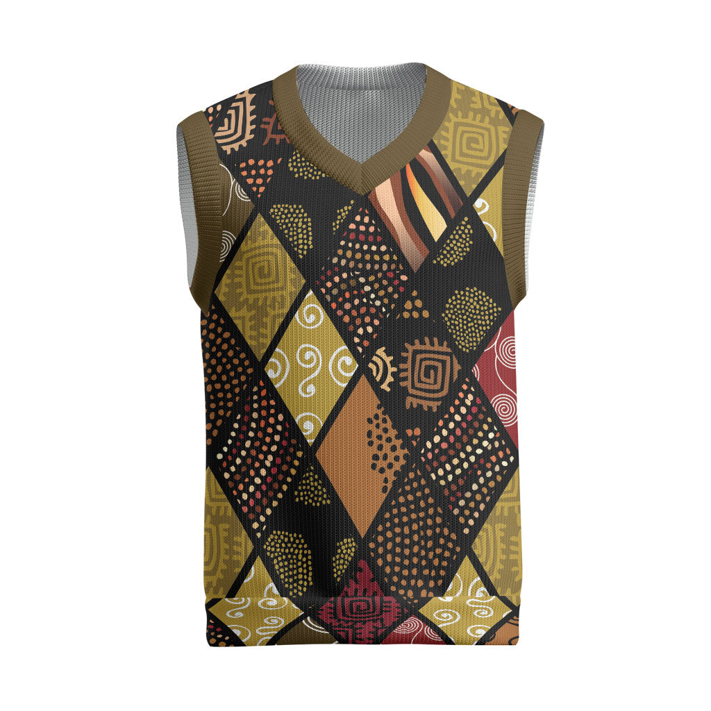 African American Quilt Inspired Christmas Knitted V-Neck Vest Ethnic Bohemian Rhombus Patchwork