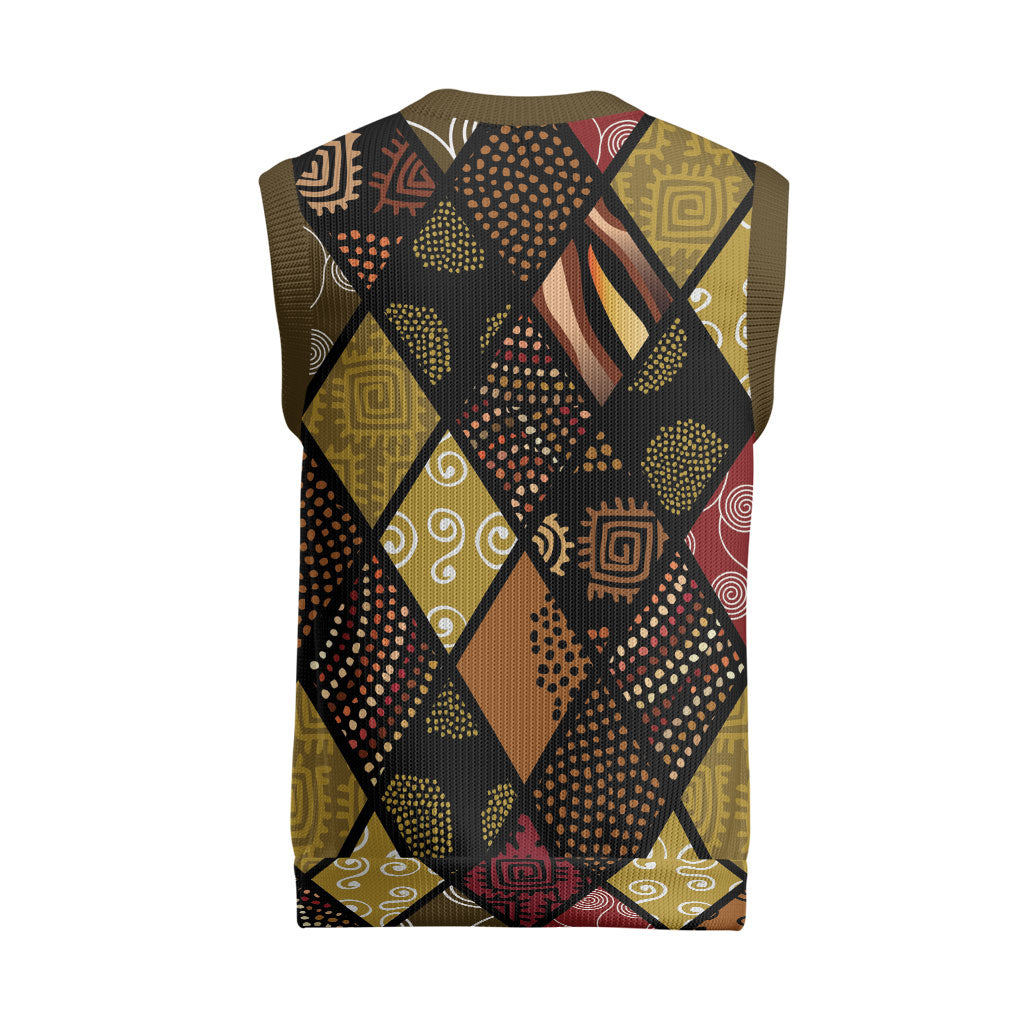 African American Quilt Inspired Christmas Knitted V-Neck Vest Ethnic Bohemian Rhombus Patchwork