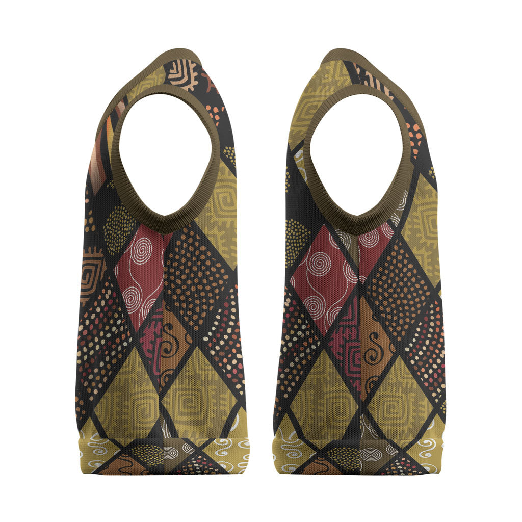 African American Quilt Inspired Christmas Knitted V-Neck Vest Ethnic Bohemian Rhombus Patchwork