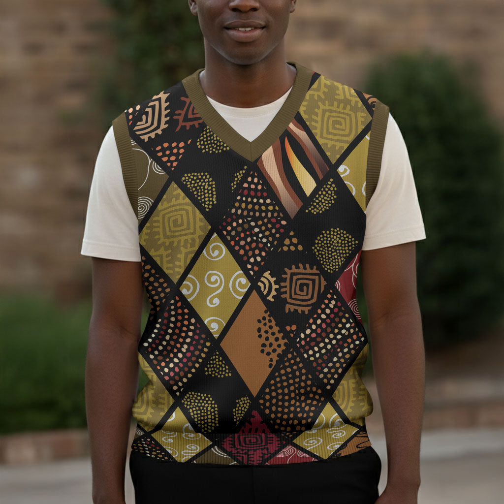 African American Quilt Inspired Christmas Knitted V-Neck Vest Ethnic Bohemian Rhombus Patchwork