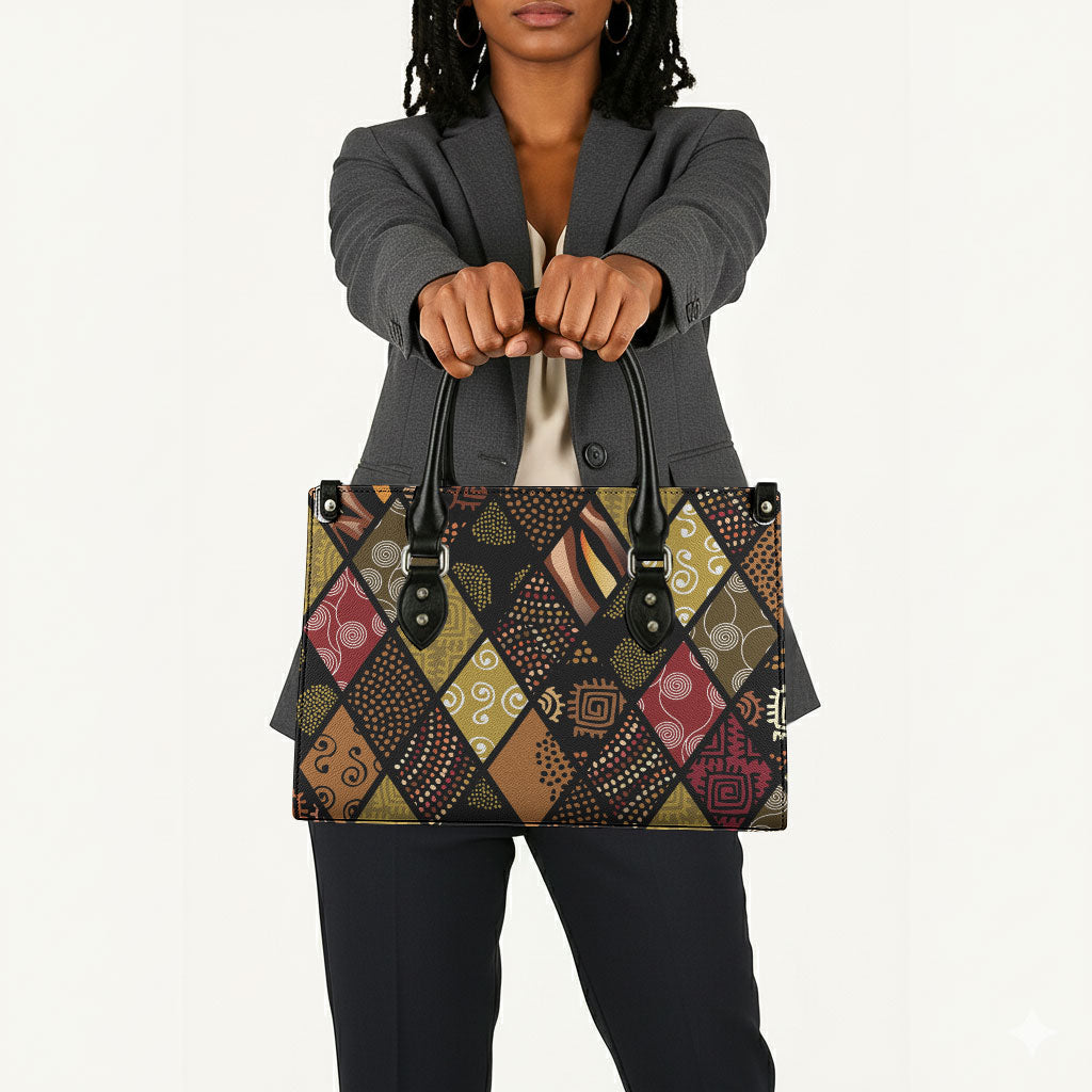 African American Quilt Inspired Leather Bag Ethnic Bohemian Rhombus Patchwork