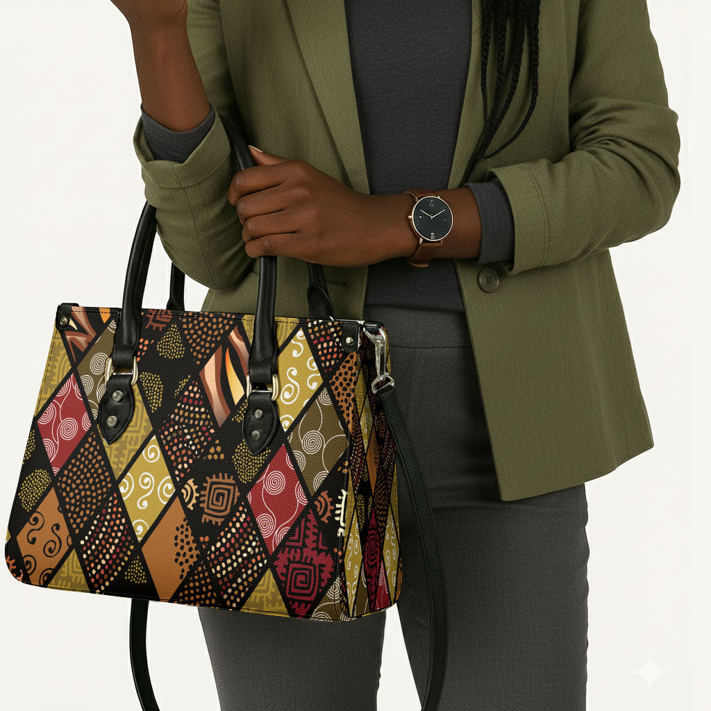 African American Quilt Inspired Leather Bag Ethnic Bohemian Rhombus Patchwork