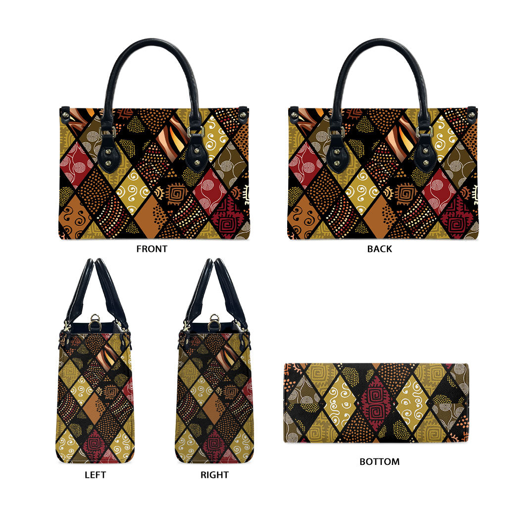 African American Quilt Inspired Leather Bag Ethnic Bohemian Rhombus Patchwork