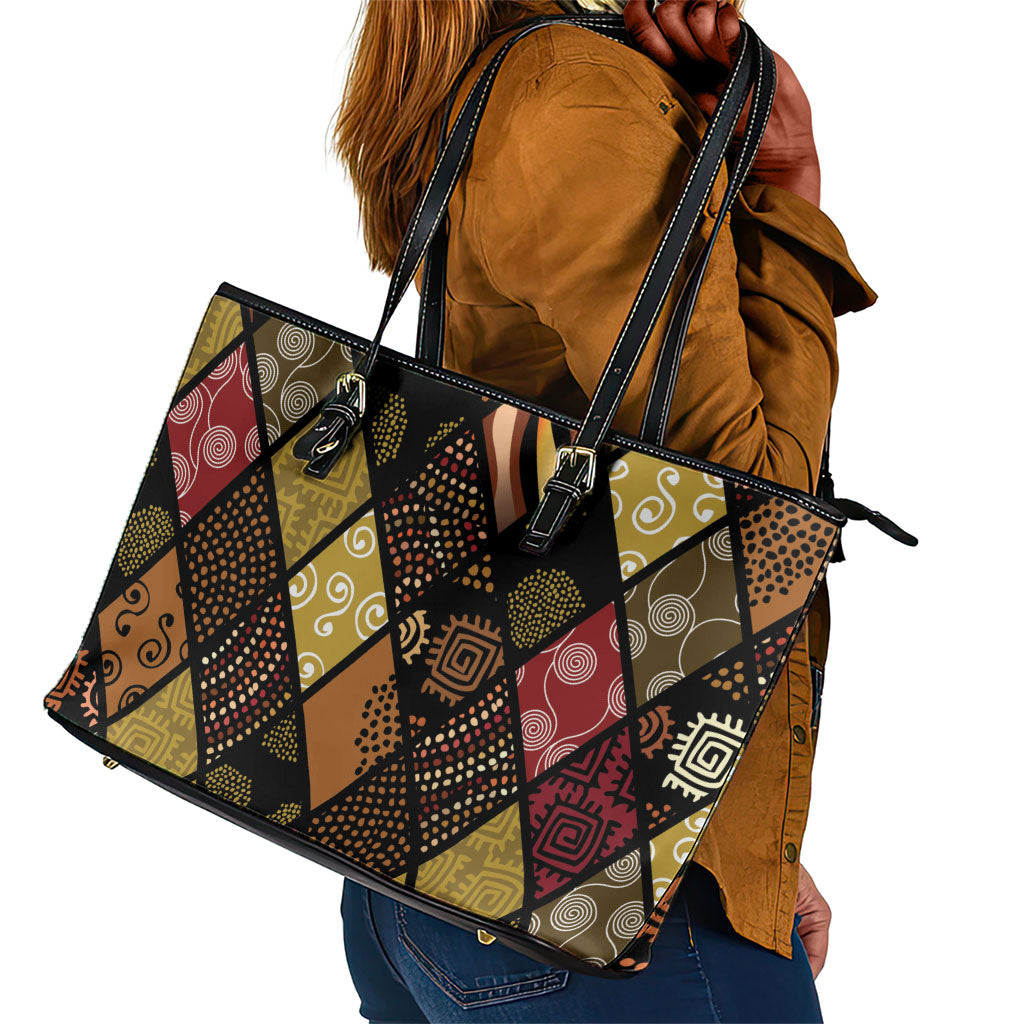 African American Quilt Inspired Leather Tote Bag Ethnic Bohemian Rhombus Patchwork