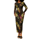 African American Quilt Inspired Long Sleeve Bodycon Dress Ethnic Bohemian Rhombus Patchwork