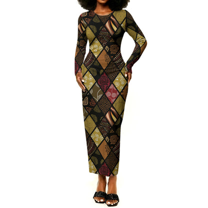 African American Quilt Inspired Long Sleeve Bodycon Dress Ethnic Bohemian Rhombus Patchwork