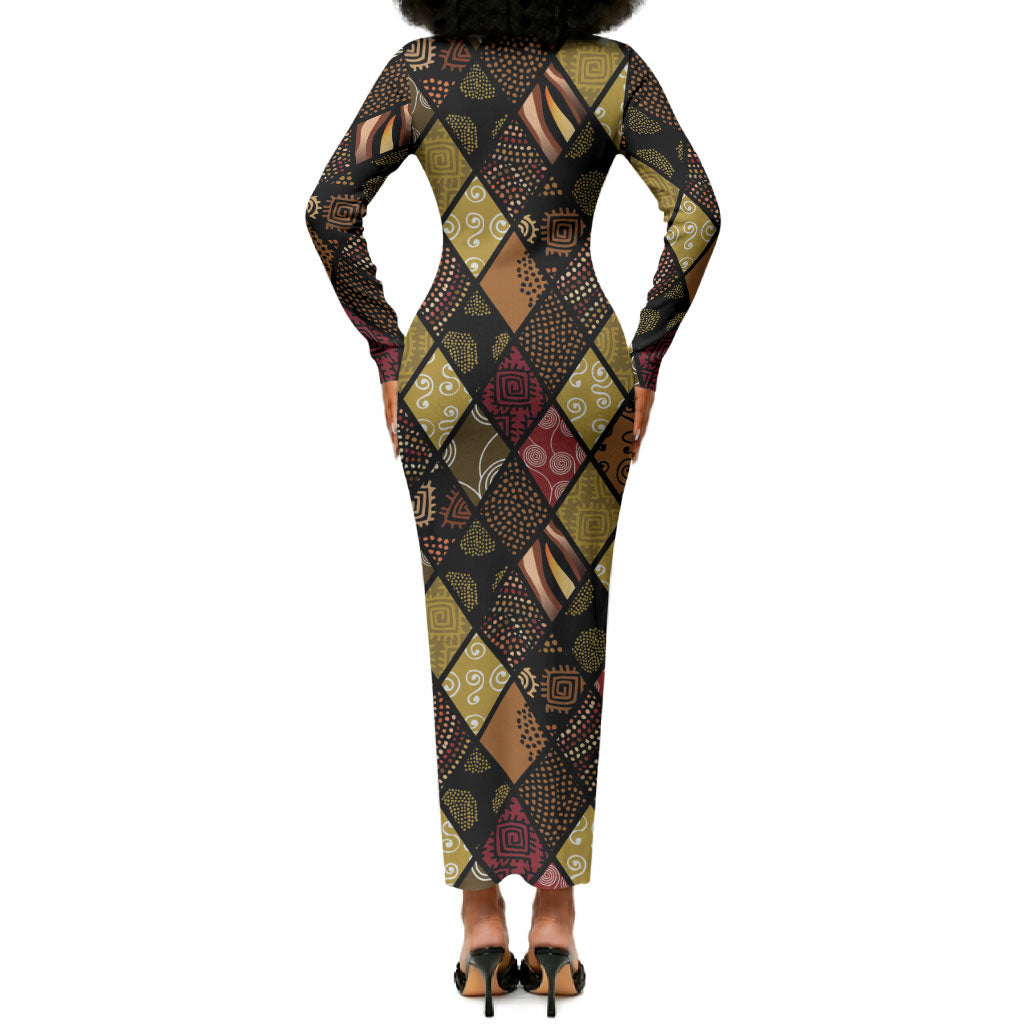 African American Quilt Inspired Long Sleeve Bodycon Dress Ethnic Bohemian Rhombus Patchwork