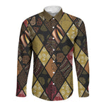 African American Quilt Inspired Long Sleeve Button Shirt Ethnic Bohemian Rhombus Patchwork