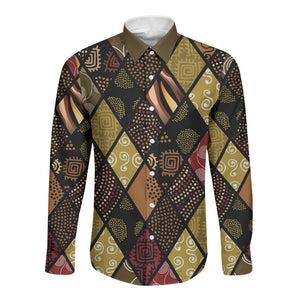 African American Quilt Inspired Long Sleeve Button Shirt Ethnic Bohemian Rhombus Patchwork