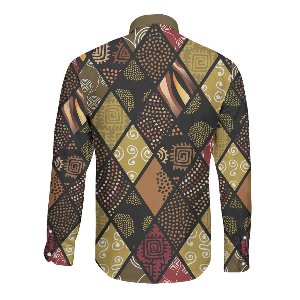 African American Quilt Inspired Long Sleeve Button Shirt Ethnic Bohemian Rhombus Patchwork