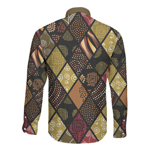 African American Quilt Inspired Long Sleeve Button Shirt Ethnic Bohemian Rhombus Patchwork