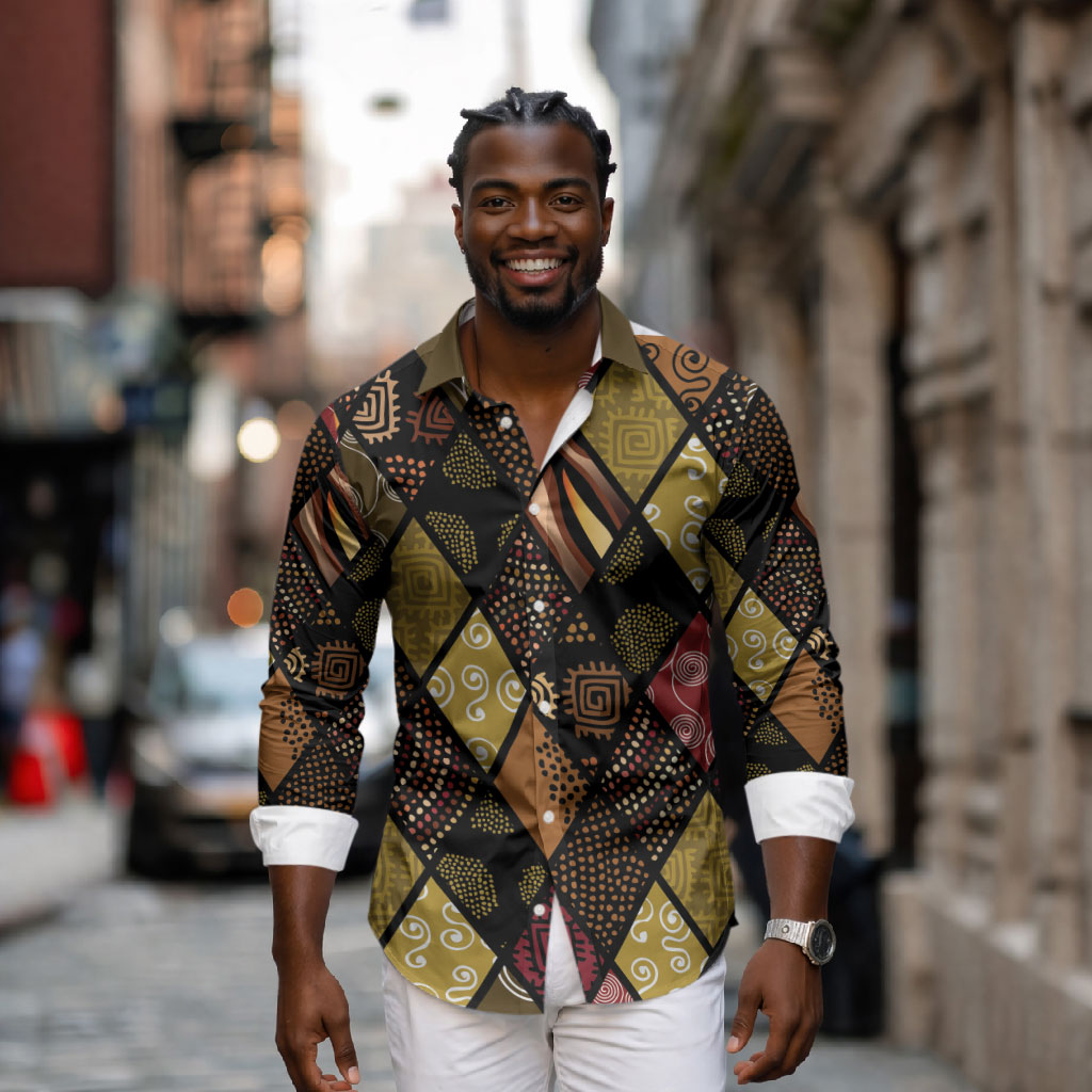 African American Quilt Inspired Long Sleeve Button Shirt Ethnic Bohemian Rhombus Patchwork