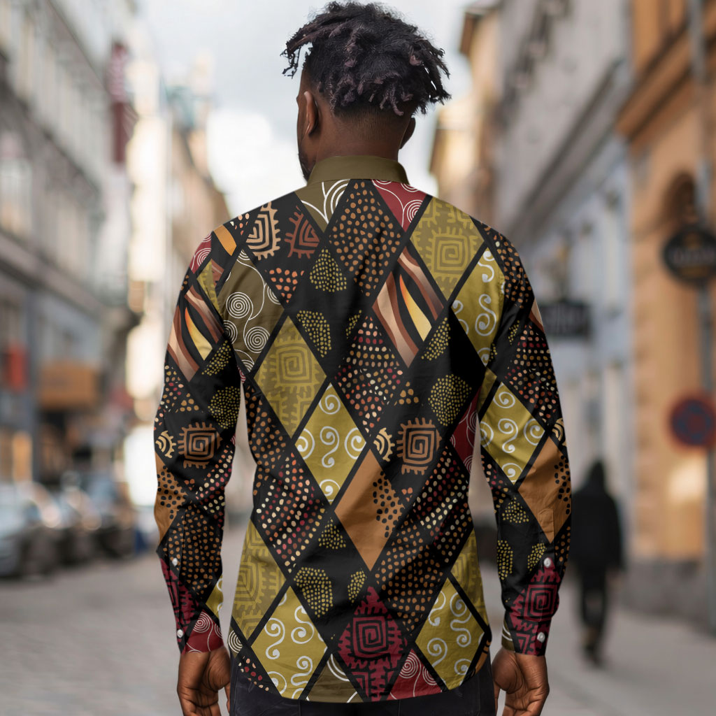 African American Quilt Inspired Long Sleeve Button Shirt Ethnic Bohemian Rhombus Patchwork