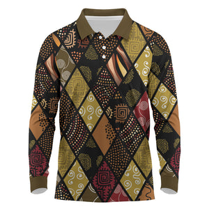 African American Quilt Inspired Long Sleeve Polo Shirt Ethnic Bohemian Rhombus Patchwork