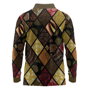 African American Quilt Inspired Long Sleeve Polo Shirt Ethnic Bohemian Rhombus Patchwork