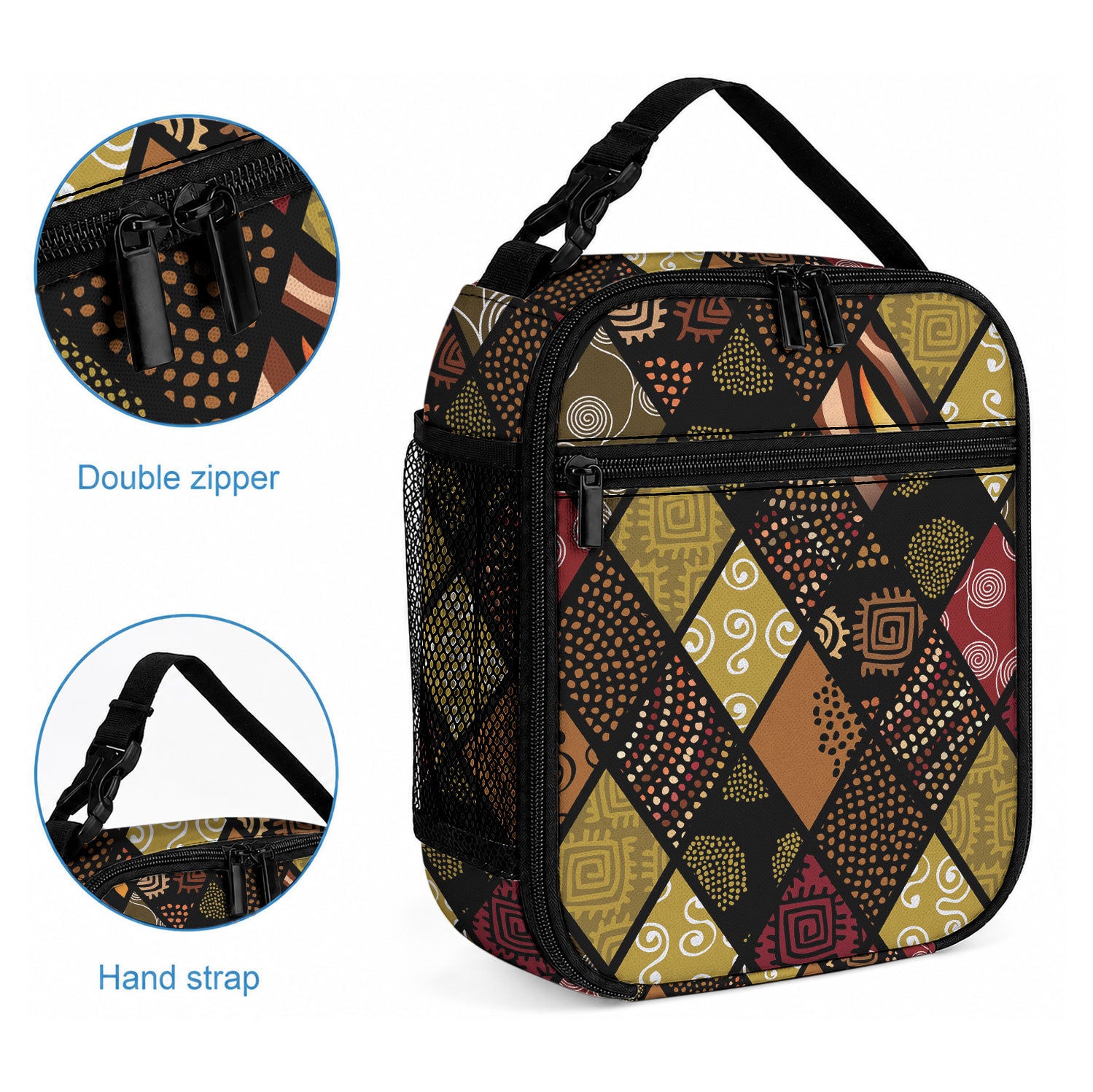 African American Quilt Inspired Lunch Bag Ethnic Bohemian Rhombus Patchwork