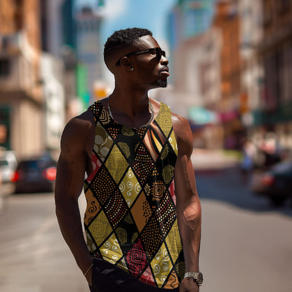 African American Quilt Inspired Men Tank Top Ethnic Bohemian Rhombus Patchwork