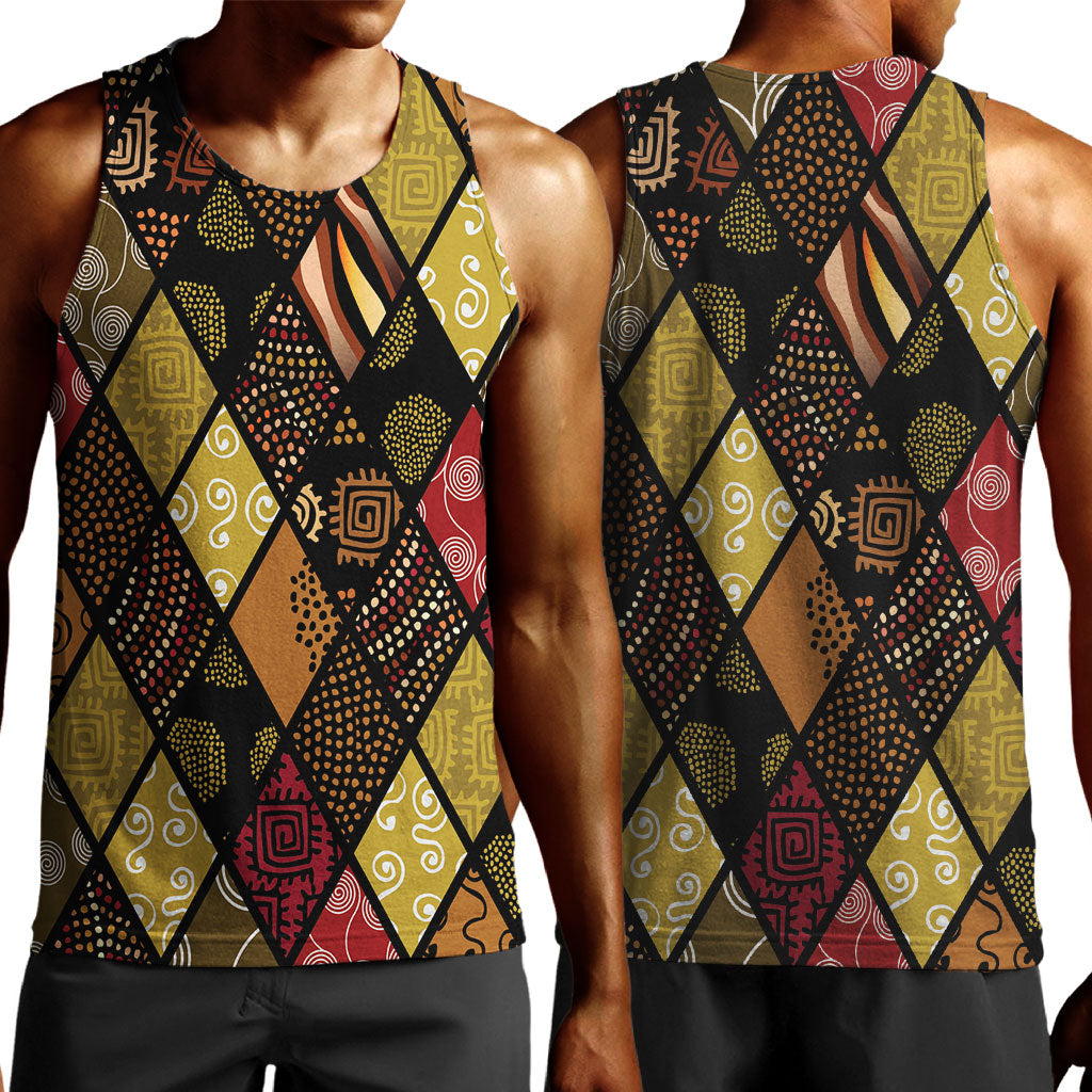 African American Quilt Inspired Men Tank Top Ethnic Bohemian Rhombus Patchwork