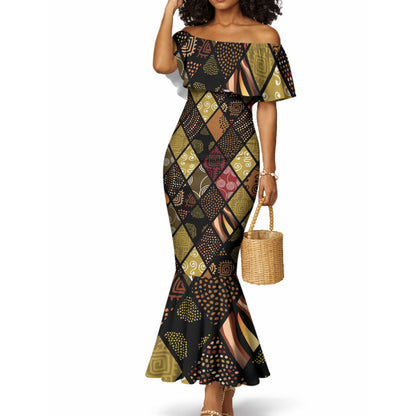 African American Quilt Inspired Mermaid Dress Ethnic Bohemian Rhombus Patchwork