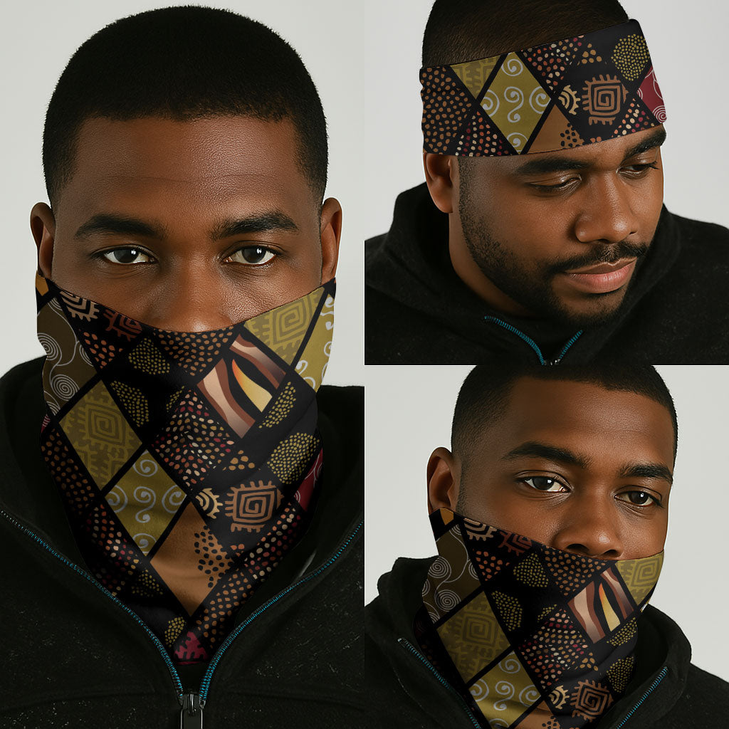African American Quilt Inspired Neck Gaiter Ethnic Bohemian Rhombus Patchwork