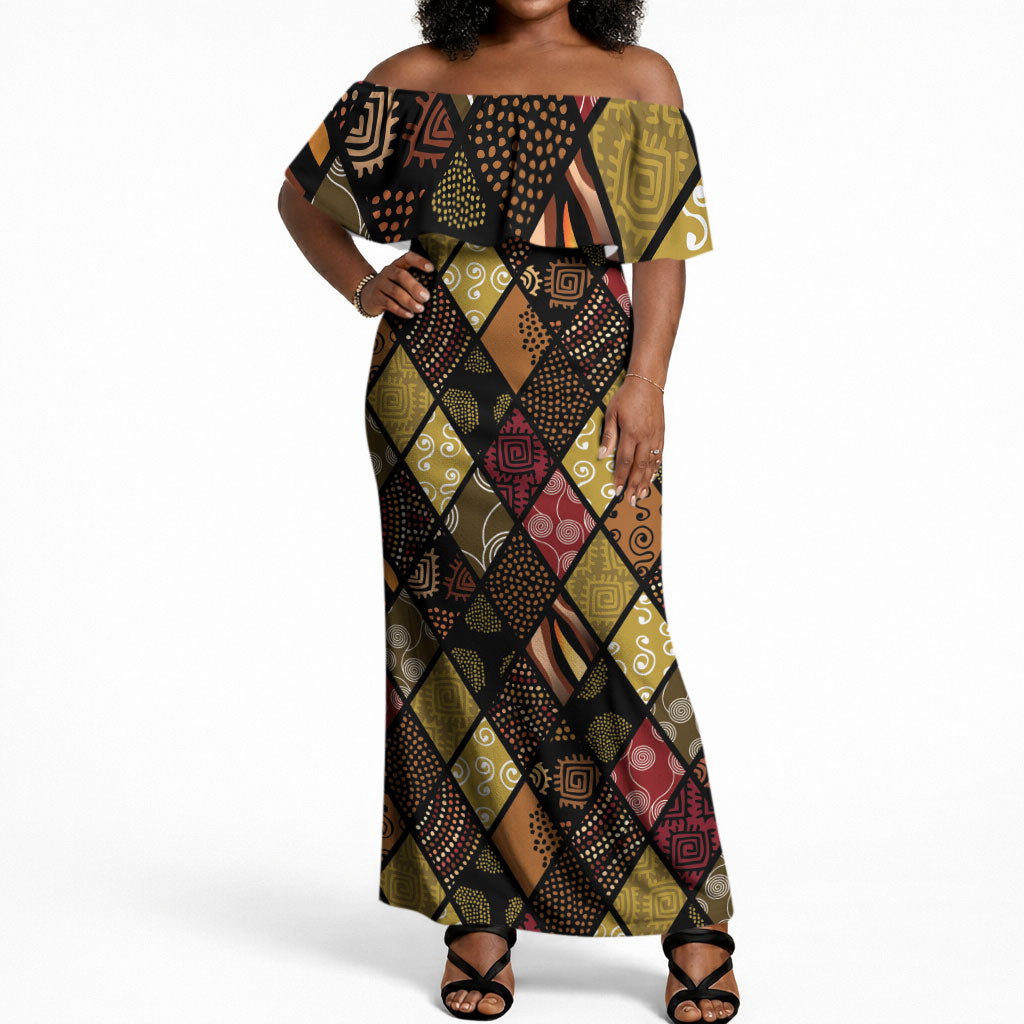 African American Quilt Inspired Off Shoulder Maxi Dress Ethnic Bohemian Rhombus Patchwork
