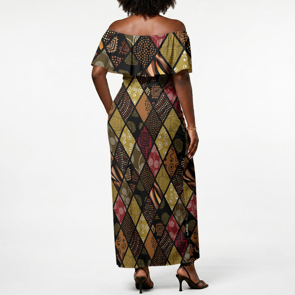 African American Quilt Inspired Off Shoulder Maxi Dress Ethnic Bohemian Rhombus Patchwork