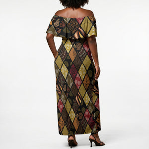 African American Quilt Inspired Off Shoulder Maxi Dress Ethnic Bohemian Rhombus Patchwork