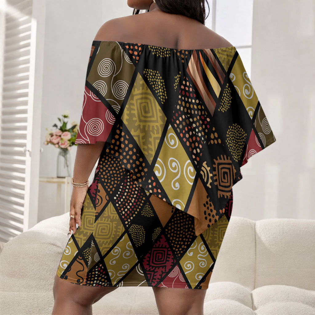 African American Quilt Inspired Off Shoulder Short Dress Ethnic Bohemian Rhombus Patchwork