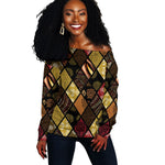 African American Quilt Inspired Off Shoulder Sweater Ethnic Bohemian Rhombus Patchwork