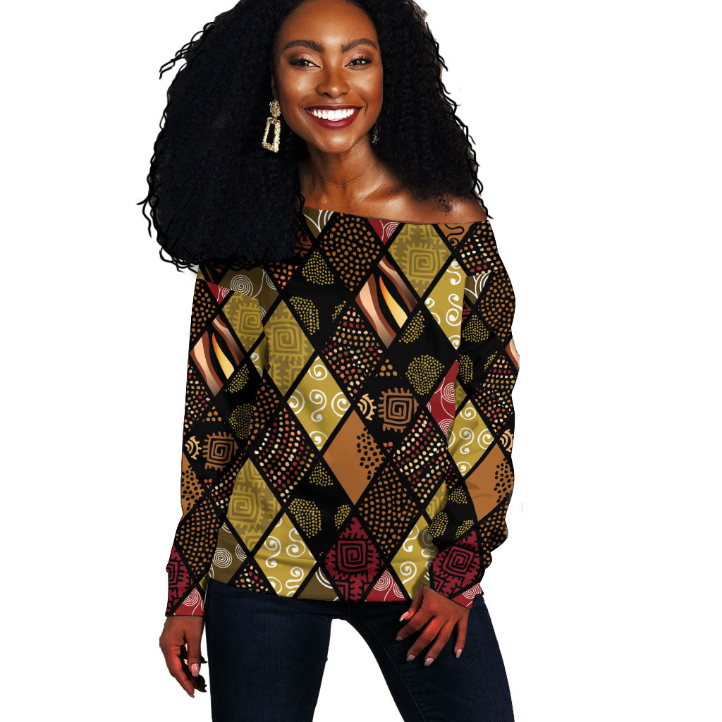 African American Quilt Inspired Off Shoulder Sweater Ethnic Bohemian Rhombus Patchwork