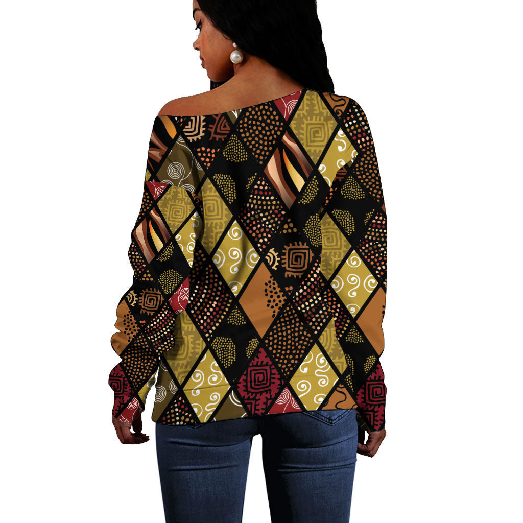 African American Quilt Inspired Off Shoulder Sweater Ethnic Bohemian Rhombus Patchwork