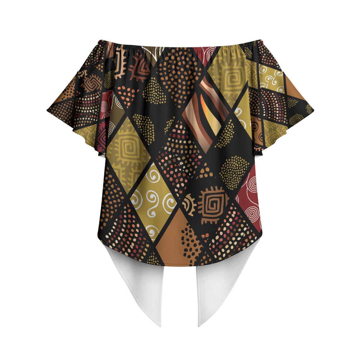 African American Quilt Inspired Off Shoulder Wrap Waist Top Ethnic Bohemian Rhombus Patchwork
