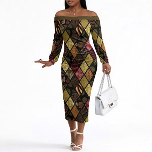 African American Quilt Inspired Off The Shoulder Long Sleeve Dress Ethnic Bohemian Rhombus Patchwork