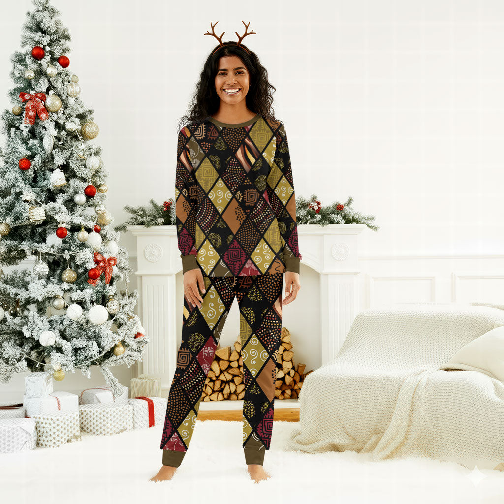 African American Quilt Inspired Christmas Pajama Set Ethnic Bohemian Rhombus Patchwork
