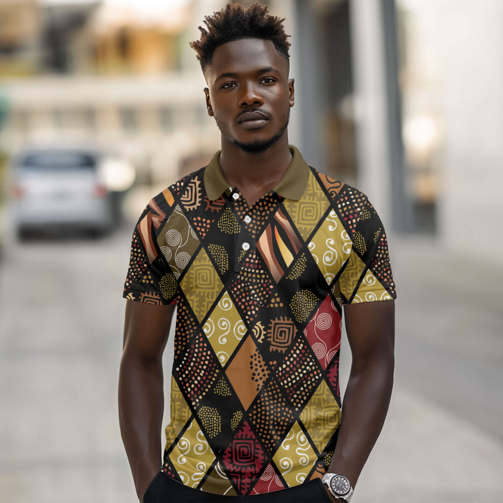 African American Quilt Inspired Polo Shirt Ethnic Bohemian Rhombus Patchwork
