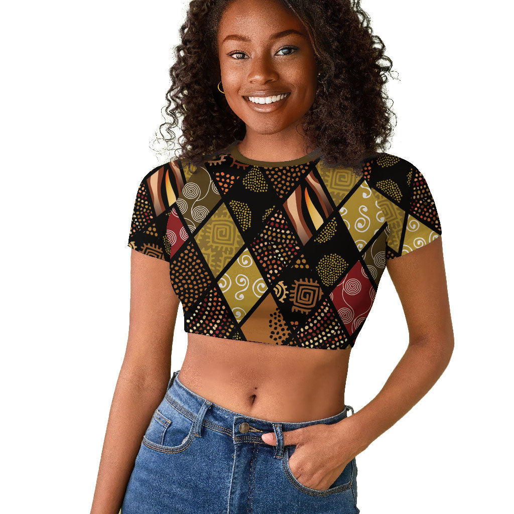 African American Quilt Inspired Raglan Cropped T shirt Ethnic Bohemian Rhombus Patchwork