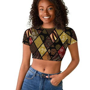African American Quilt Inspired Raglan Cropped T shirt Ethnic Bohemian Rhombus Patchwork