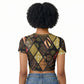 African American Quilt Inspired Raglan Cropped T shirt Ethnic Bohemian Rhombus Patchwork