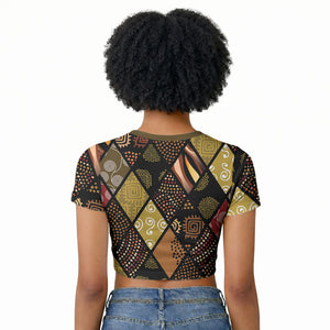 African American Quilt Inspired Raglan Cropped T shirt Ethnic Bohemian Rhombus Patchwork