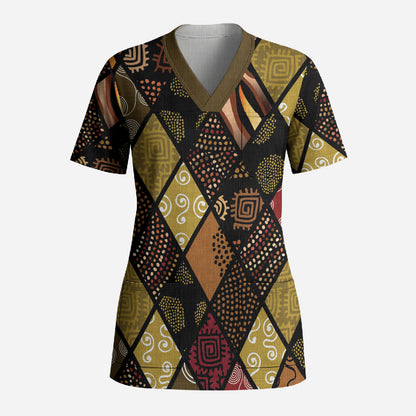 African American Quilt Inspired Scrub Top Ethnic Bohemian Rhombus Patchwork