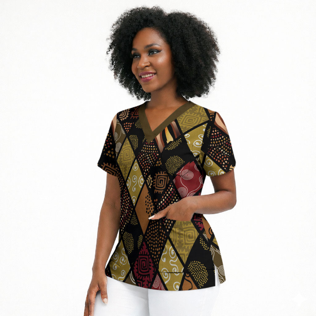 African American Quilt Inspired Scrub Top Ethnic Bohemian Rhombus Patchwork