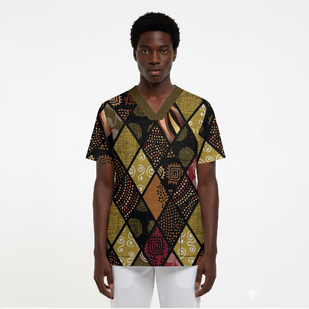 African American Quilt Inspired Scrub Top Ethnic Bohemian Rhombus Patchwork