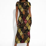 African American Quilt Inspired Short Sleeve Bodycon Dress Ethnic Bohemian Rhombus Patchwork