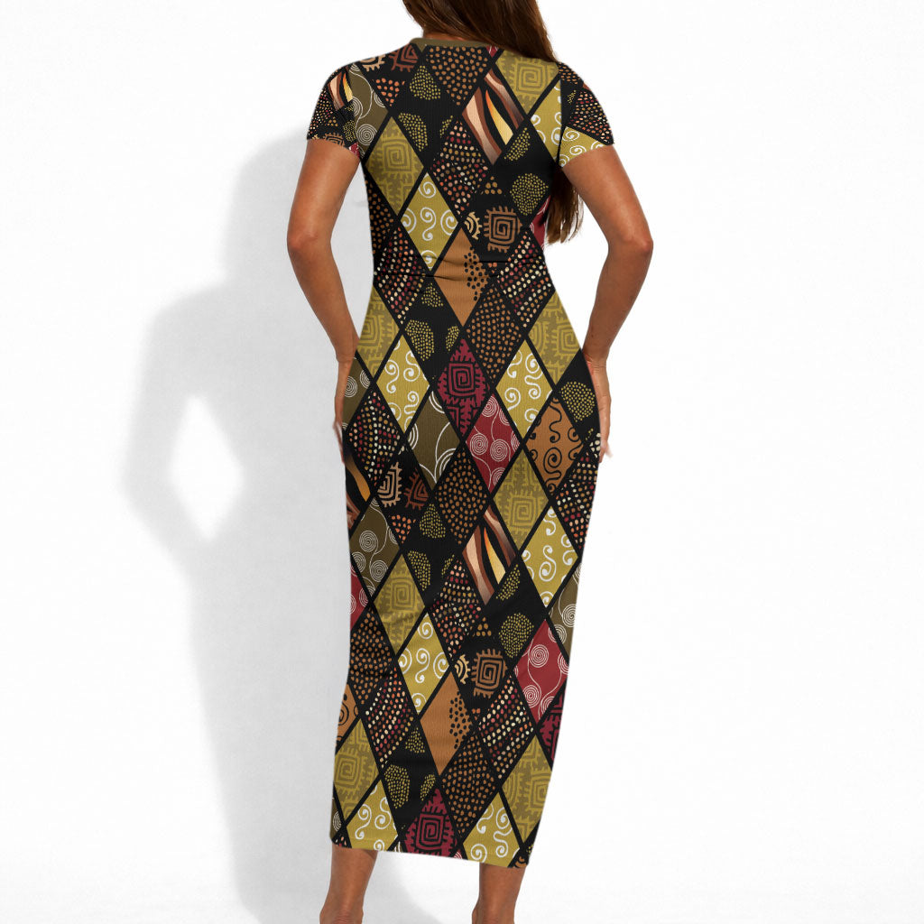 African American Quilt Inspired Short Sleeve Bodycon Dress Ethnic Bohemian Rhombus Patchwork