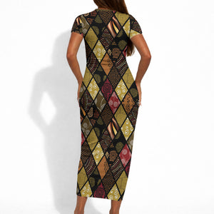 African American Quilt Inspired Short Sleeve Bodycon Dress Ethnic Bohemian Rhombus Patchwork